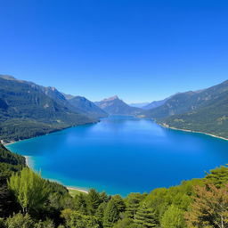 A beautiful landscape featuring a serene lake surrounded by lush green mountains under a clear blue sky