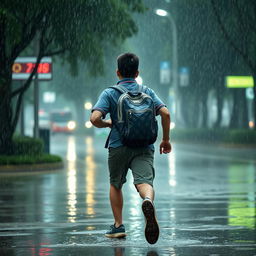 A student wearing a backpack is running through a heavy rainstorm