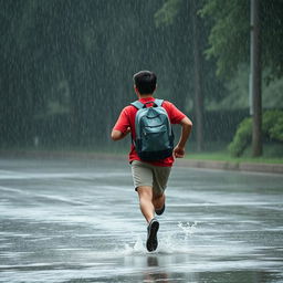 A student wearing a backpack is running through a heavy rainstorm