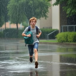 A student wearing a backpack is running through a heavy rainstorm