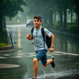 A student wearing a backpack is running through a heavy rainstorm