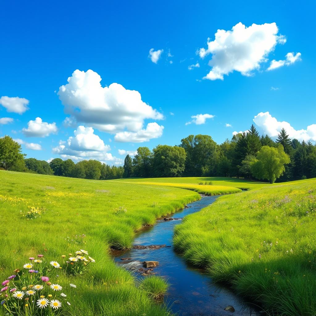 A serene landscape featuring a peaceful meadow with wildflowers, a gentle stream flowing through it, and a clear blue sky with fluffy white clouds