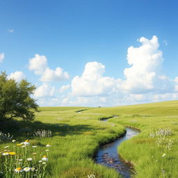 A serene landscape featuring a peaceful meadow with wildflowers, a gentle stream flowing through it, and a clear blue sky with fluffy white clouds