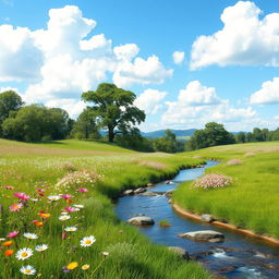 A serene landscape featuring a peaceful meadow with wildflowers, a gentle stream flowing through it, and a clear blue sky with fluffy white clouds