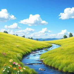 A serene landscape featuring a peaceful meadow with wildflowers, a gentle stream flowing through it, and a clear blue sky with fluffy white clouds