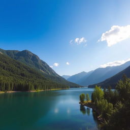 A beautiful landscape featuring a serene lake surrounded by lush green trees and mountains in the background, with a clear blue sky overhead and a few fluffy clouds