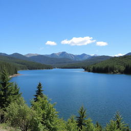 A beautiful landscape featuring a serene lake surrounded by lush green trees and mountains in the background, with a clear blue sky overhead and a few fluffy clouds