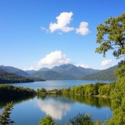 A beautiful landscape featuring a serene lake surrounded by lush green trees and mountains in the background, with a clear blue sky overhead and a few fluffy clouds