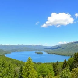 A beautiful landscape featuring a serene lake surrounded by lush green trees and mountains in the background, with a clear blue sky overhead and a few fluffy clouds