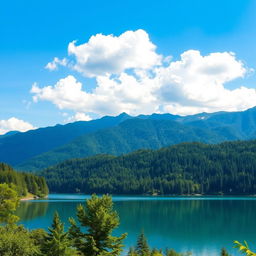 A beautiful landscape featuring a serene lake surrounded by lush green trees and mountains in the background under a clear blue sky with a few fluffy white clouds