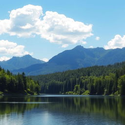 A beautiful landscape featuring a serene lake surrounded by lush green trees and mountains in the background under a clear blue sky with a few fluffy white clouds