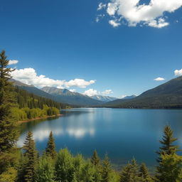 A beautiful landscape featuring a serene lake surrounded by lush green trees and mountains in the background under a clear blue sky with a few fluffy white clouds