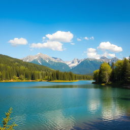 A beautiful landscape featuring a serene lake surrounded by lush green trees and mountains in the background under a clear blue sky with a few fluffy white clouds