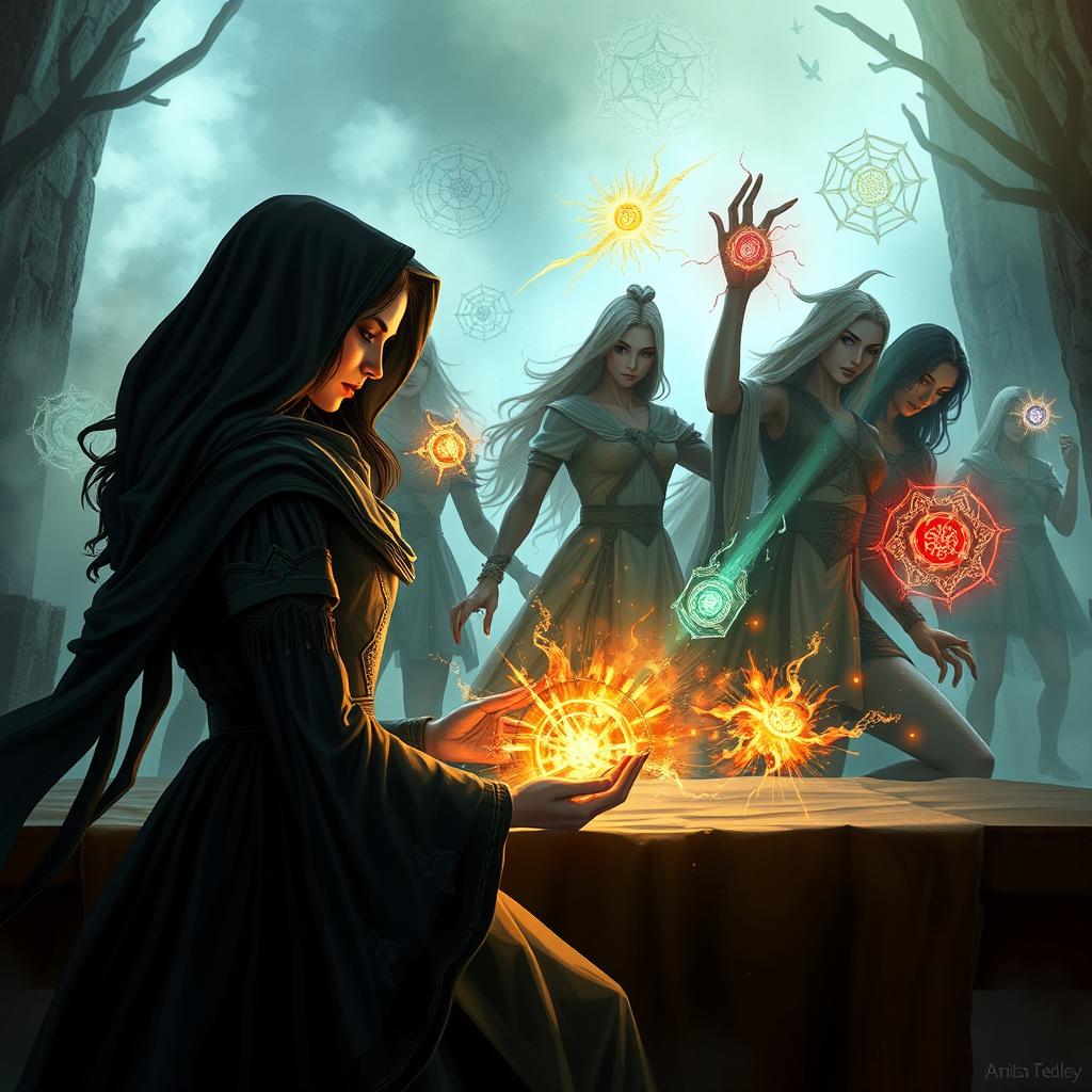 Anita, a skilled sorceress, crafts seven magical humans, each imbued with unique powers, by using seven enchanted cards