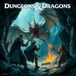 A detailed and epic scene of a Dungeons & Dragons adventure, featuring a diverse group of adventurers battling a fierce dragon in a dark, mystical cave