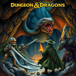 A detailed and epic scene of a Dungeons & Dragons adventure, featuring a diverse group of adventurers battling a fierce dragon in a dark, mystical cave