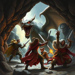 A detailed and epic scene of a Dungeons & Dragons adventure, featuring a diverse group of adventurers battling a fierce dragon in a dark, mystical cave