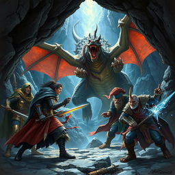 A detailed and epic scene of a Dungeons & Dragons adventure, featuring a diverse group of adventurers battling a fierce dragon in a dark, mystical cave