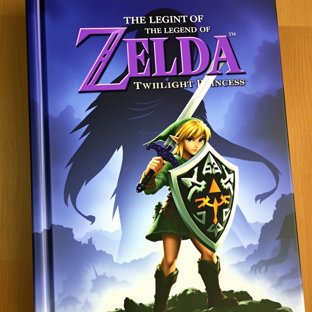 A captivating book cover for 'The Legend of Zelda: Twilight Princess,' featuring a heroic Link with his Master Sword and Hylian Shield, standing against a twilight backdrop with the shadowy figure of Midna