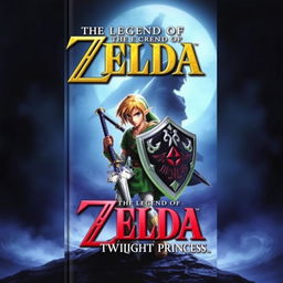 A captivating book cover for 'The Legend of Zelda: Twilight Princess,' featuring a heroic Link with his Master Sword and Hylian Shield, standing against a twilight backdrop with the shadowy figure of Midna