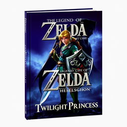 A captivating book cover for 'The Legend of Zelda: Twilight Princess,' featuring a heroic Link with his Master Sword and Hylian Shield, standing against a twilight backdrop with the shadowy figure of Midna