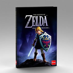 A captivating book cover for 'The Legend of Zelda: Twilight Princess,' featuring a heroic Link with his Master Sword and Hylian Shield, standing against a twilight backdrop with the shadowy figure of Midna