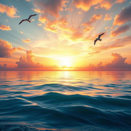 Create a vibrant and detailed image showcasing a beautiful sunset over a calm ocean, with gentle waves and a few seagulls flying in the sky