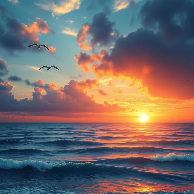 Create a vibrant and detailed image showcasing a beautiful sunset over a calm ocean, with gentle waves and a few seagulls flying in the sky