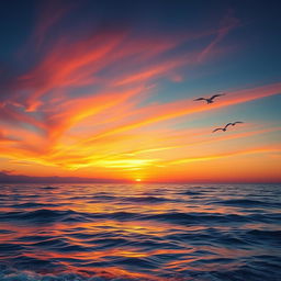 Create a vibrant and detailed image showcasing a beautiful sunset over a calm ocean, with gentle waves and a few seagulls flying in the sky