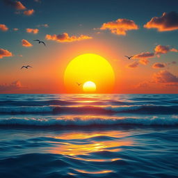 Create a vibrant and detailed image showcasing a beautiful sunset over a calm ocean, with gentle waves and a few seagulls flying in the sky