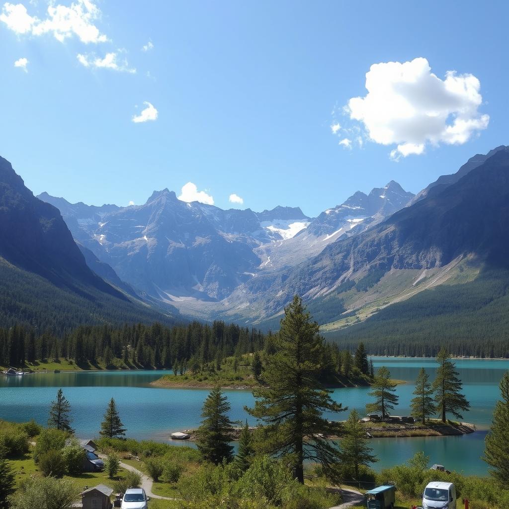 Create an image that showcases a serene landscape with mountains in the background, a clear blue lake in the foreground, and a few trees scattered around