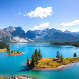 Create an image that showcases a serene landscape with mountains in the background, a clear blue lake in the foreground, and a few trees scattered around