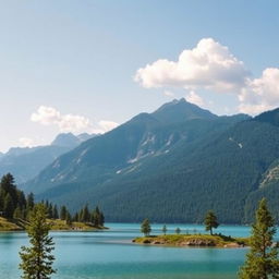 Create an image that showcases a serene landscape with mountains in the background, a clear blue lake in the foreground, and a few trees scattered around