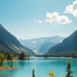 Create an image that showcases a serene landscape with mountains in the background, a clear blue lake in the foreground, and a few trees scattered around