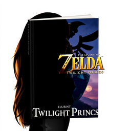 A captivating book cover for 'The Legend of Zelda: Twilight Princess,' featuring the silhouette of a long brown-haired woman in the foreground