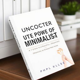 Create a book cover for a decluttering book titled 'Unlock the Power of Minimalism: 7 Steps to a Peaceful, Organized, and Stress-Free Home'