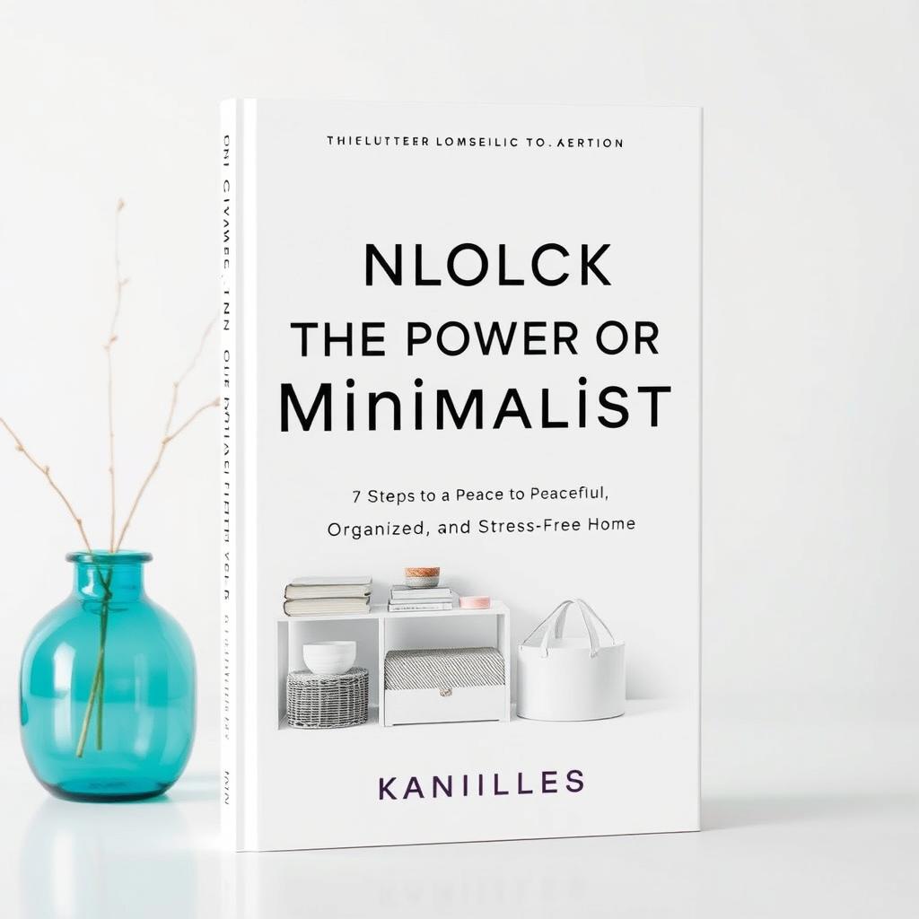 Create a book cover for a decluttering book titled 'Unlock the Power of Minimalism: 7 Steps to a Peaceful, Organized, and Stress-Free Home'