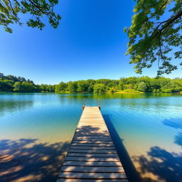 Create a serene landscape featuring a clear blue sky, a calm lake surrounded by lush green trees, and a small wooden pier extending into the water