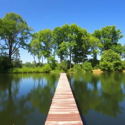 Create a serene landscape featuring a clear blue sky, a calm lake surrounded by lush green trees, and a small wooden pier extending into the water