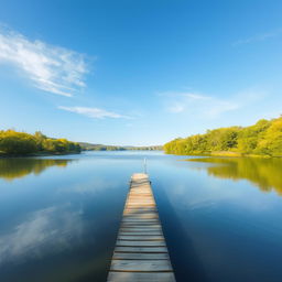 Create a serene landscape featuring a clear blue sky, a calm lake surrounded by lush green trees, and a small wooden pier extending into the water