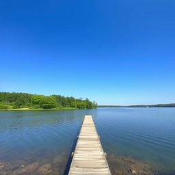 Create a serene landscape featuring a clear blue sky, a calm lake surrounded by lush green trees, and a small wooden pier extending into the water