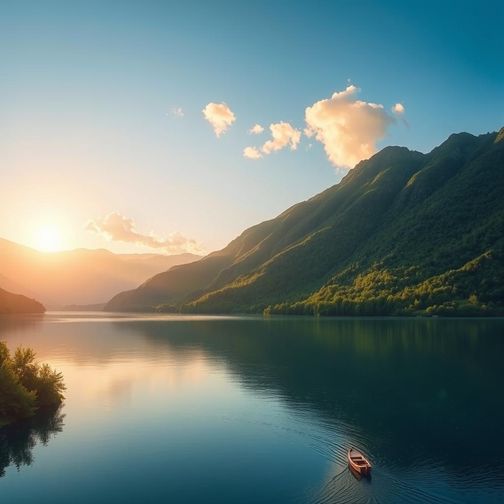 Generate an image with a beautiful landscape featuring a serene lake surrounded by lush green mountains