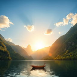 Generate an image with a beautiful landscape featuring a serene lake surrounded by lush green mountains