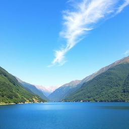 A beautiful landscape featuring a serene lake surrounded by lush green mountains and a clear blue sky