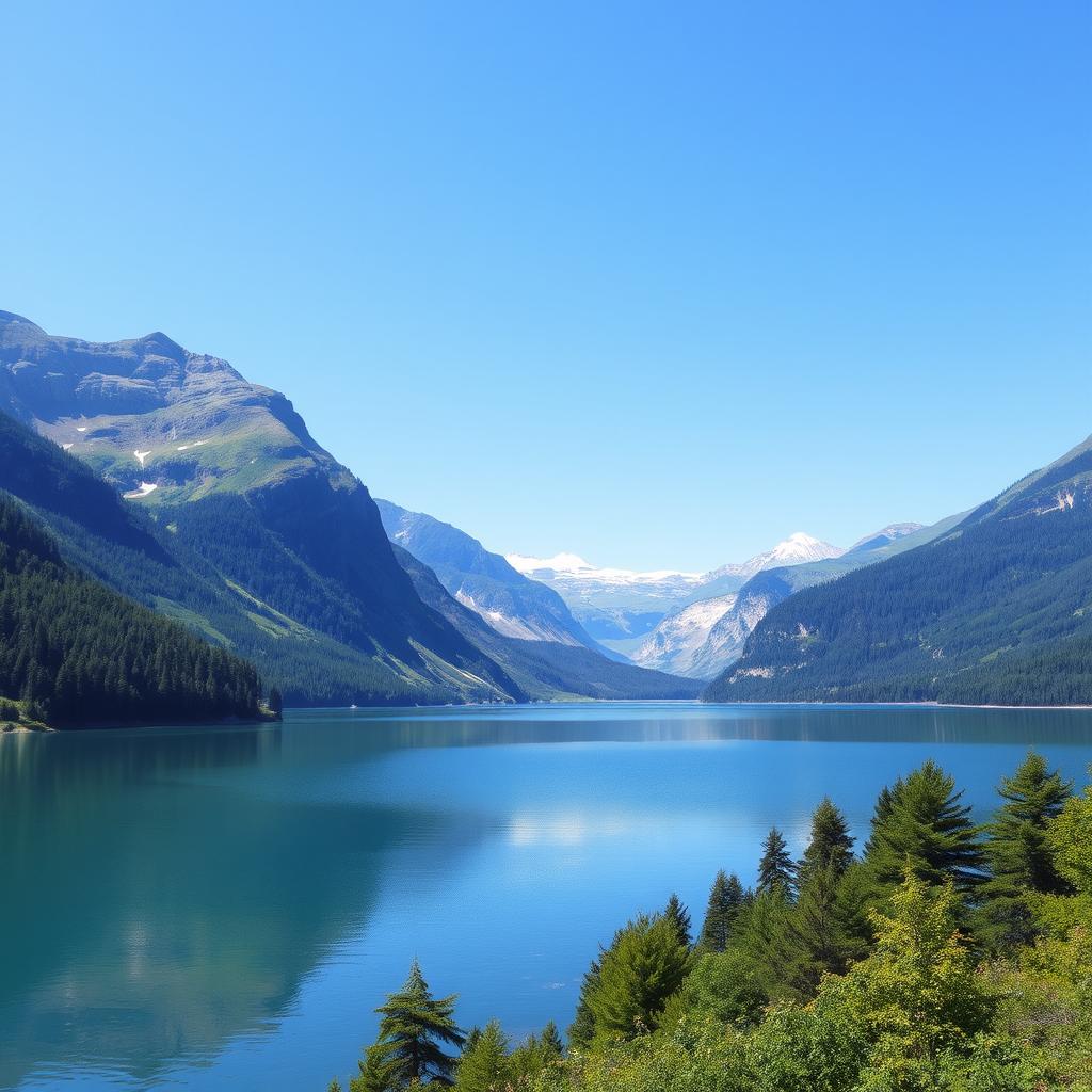 A beautiful landscape featuring a serene lake surrounded by lush green mountains and a clear blue sky