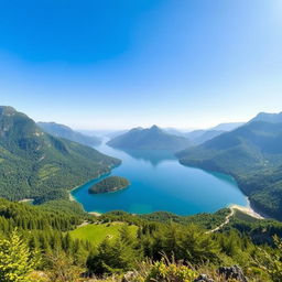 A beautiful landscape featuring a serene lake surrounded by lush green mountains and a clear blue sky