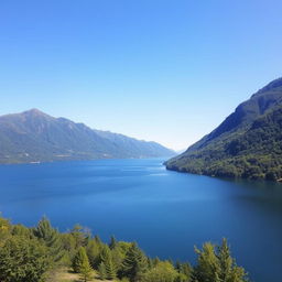 A beautiful landscape featuring a serene lake surrounded by lush green mountains and a clear blue sky