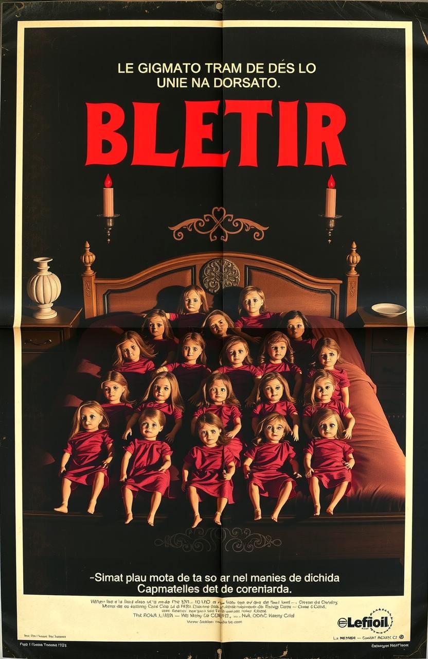 A vintage Spanish horror movie poster from the 1970s featuring a large bed with numerous porcelain dolls that have glowing, bloodshot eyes and blood-stained dresses