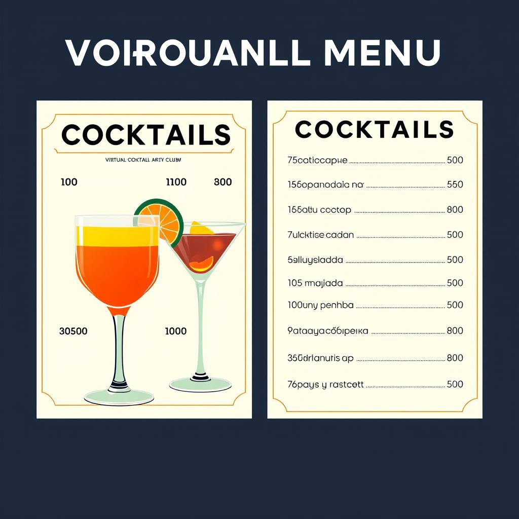 Create a print-ready menu design for non-alcoholic cocktails for a virtual reality club