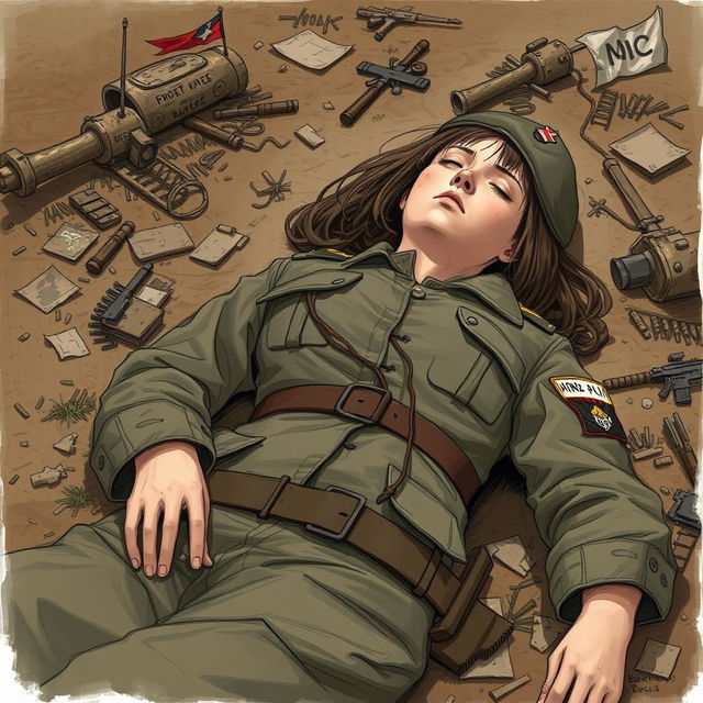 A detailed illustration of a fallen female soldier in a battlefield, her uniform tattered and signs of a recent battle visible